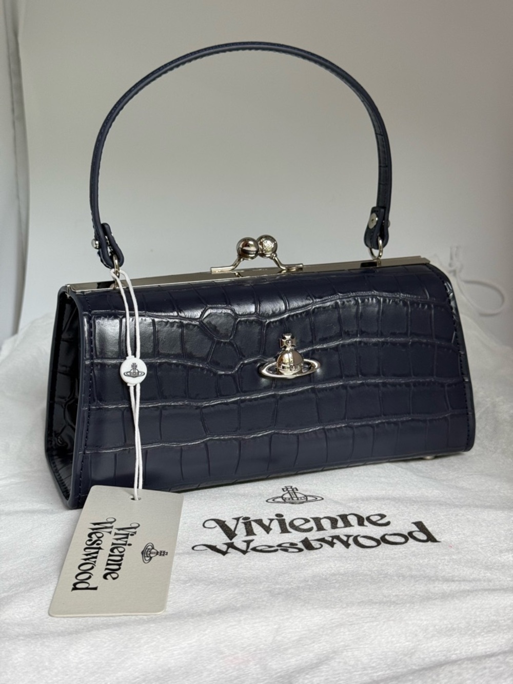 Vivienne Westwood Navy Croc-Embossed Doll XL Bag with Silver Hardware NWT